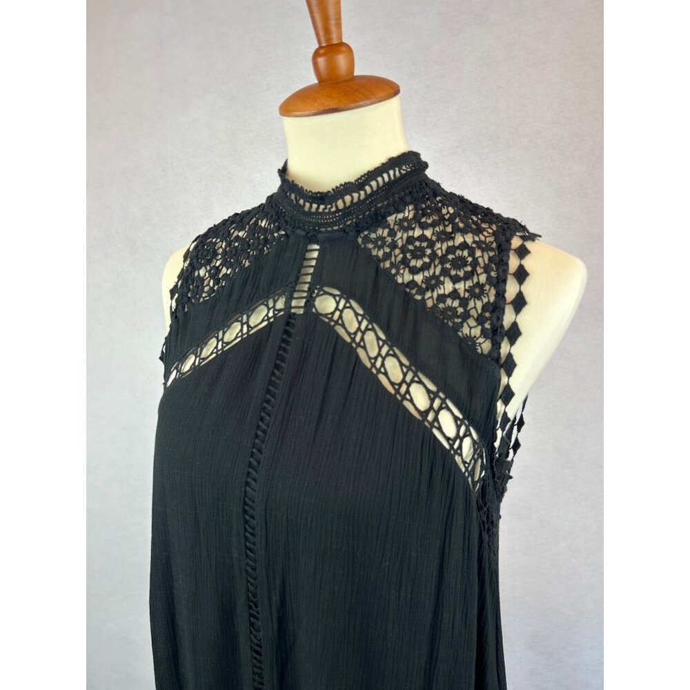 Fate Black Sleeveless Tiered Maxi Dress Lace Crochet Raw Hem Boho - Picture 1 of 13